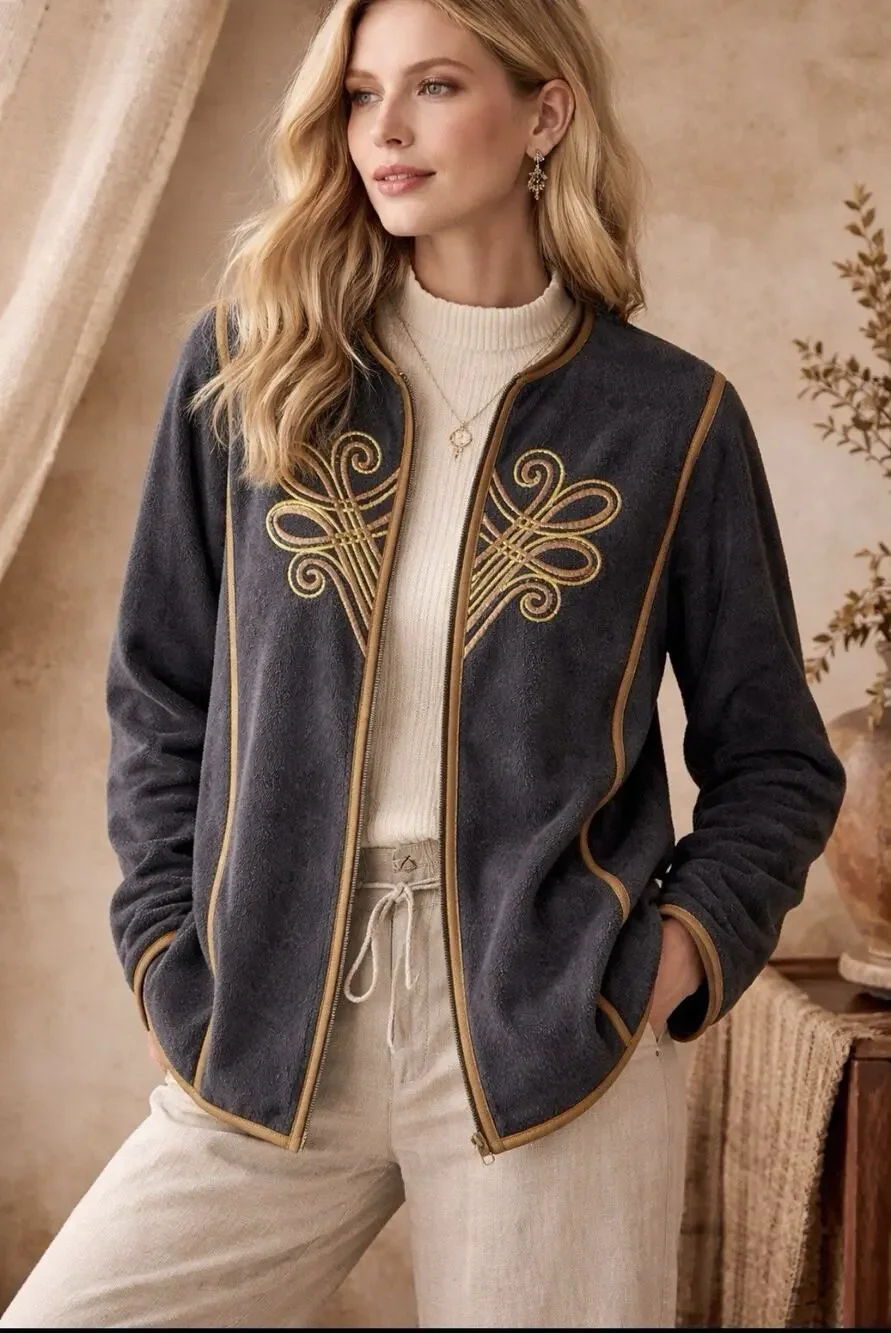 Bob Mackie Sz S Wearable Art Fleece Jacket L/S Women's Embroidered Full Zip - Picture 1 of 8